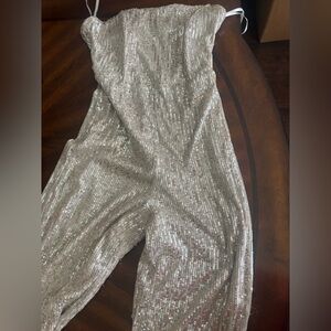 Sequin Strapless Jumpsuit - Silver